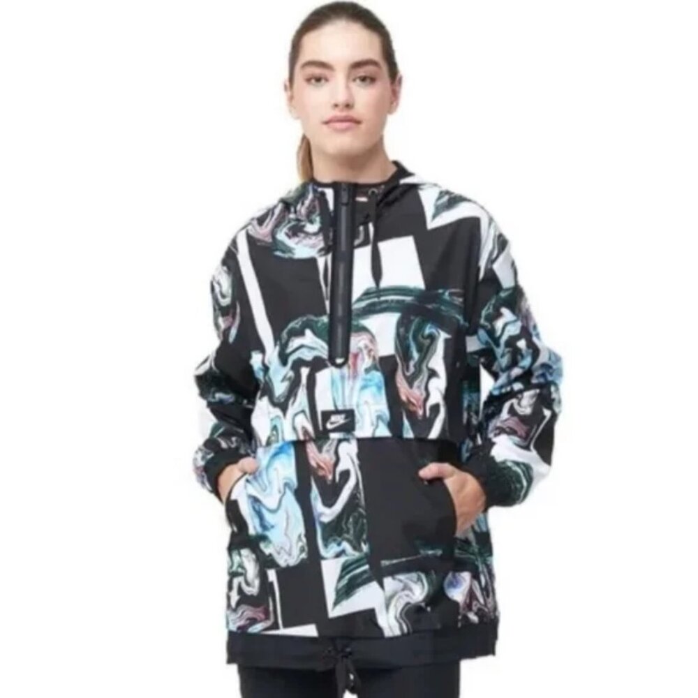 Nike Women's Black/Multi Marble-Print Half-Zip Hooded Jacket I Large